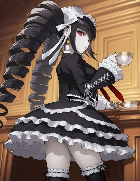 anime screencap, masterpiece, best quality, amazing quality, very aesthetic, absurdres, newest, celestia ludenberg, 1girl, solo, long hair, smile, lips, bangs, white shirt, black hair, red eyes, long sleeves, holding, twintails, standing, looking back, bel...
