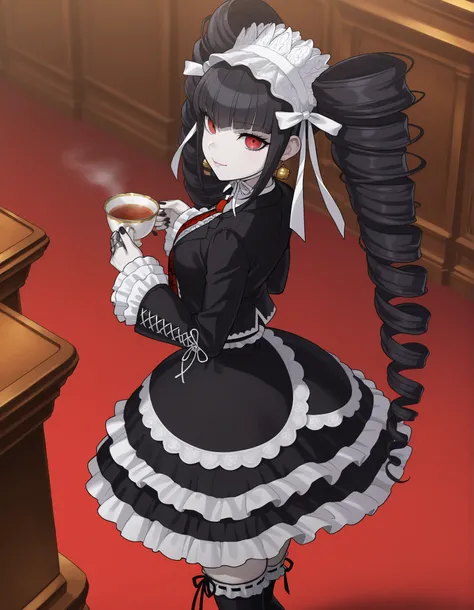 anime screencap, masterpiece, best quality, amazing quality, very aesthetic, absurdres, newest, celestia ludenberg, 1girl, solo, long hair, smile, lips, bangs, white shirt, black hair, red eyes, long sleeves, holding, twintails, standing, looking back, bel...