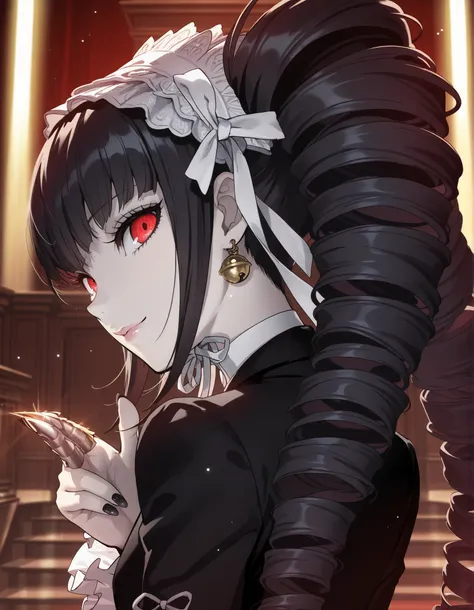 anime screencap, masterpiece, best quality, amazing quality, very aesthetic, absurdres, newest, (scenery, volumetric lighting), celestia ludenberg, 1girl, solo, long hair, looking at viewer, smile, bangs, simple background, black hair, red eyes, twintails,...