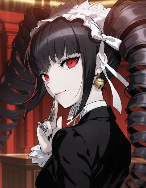 anime screencap, masterpiece, best quality, amazing quality, very aesthetic, absurdres, newest, (scenery, volumetric lighting), celestia ludenberg, 1girl, solo, long hair, looking at viewer, smile, bangs, simple background, black hair, red eyes, twintails,...