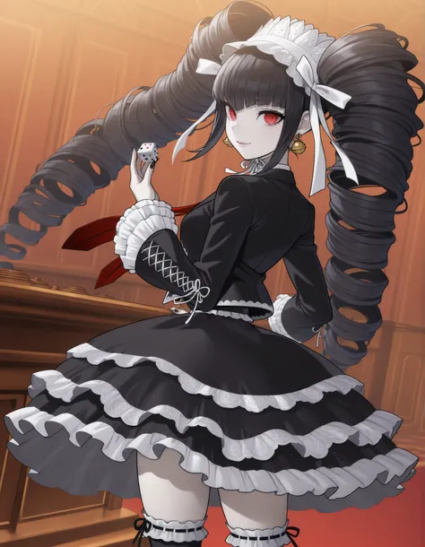 anime screencap, masterpiece, best quality, amazing quality, very aesthetic, absurdres, newest, celestia ludenberg, 1girl, solo, long hair, smile, lips, bangs, white shirt, black hair, red eyes, long sleeves, holding, twintails, standing, looking back, bel...