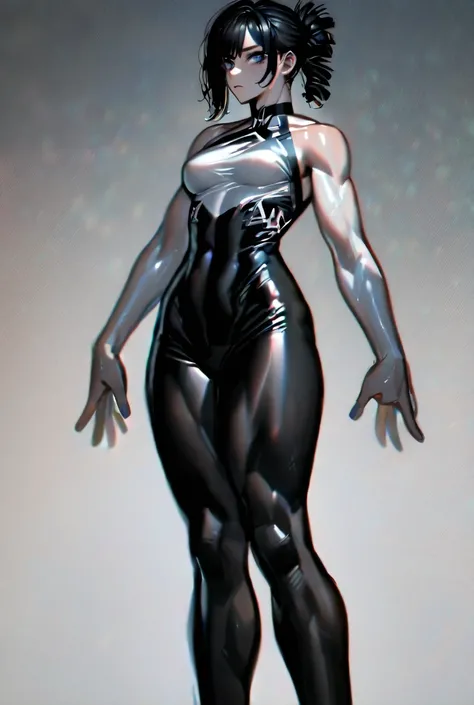  an anime girl, 20 years, Posing looking straight ahead, Very pale woman , Gothic dark makeup, Gothic art, hourglass body not exaggerated, Athletic physique like that of a wrestler, Defined body not too exaggerated, curvy body not too exaggerated, medium b...
