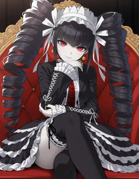 anime screencap, masterpiece, best quality, amazing quality, very aesthetic, absurdres, newest, celestia ludenberg, 1girl, solo, long hair, smile, lips, bangs, white shirt, black hair, red eyes, long sleeves, twintails, sitting, crossed legs, bell earrings...
