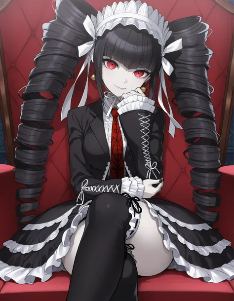 anime screencap, masterpiece, best quality, amazing quality, very aesthetic, absurdres, newest, celestia ludenberg, 1girl, solo, long hair, smile, lips, bangs, white shirt, black hair, red eyes, long sleeves, twintails, sitting, crossed legs, bell earrings...