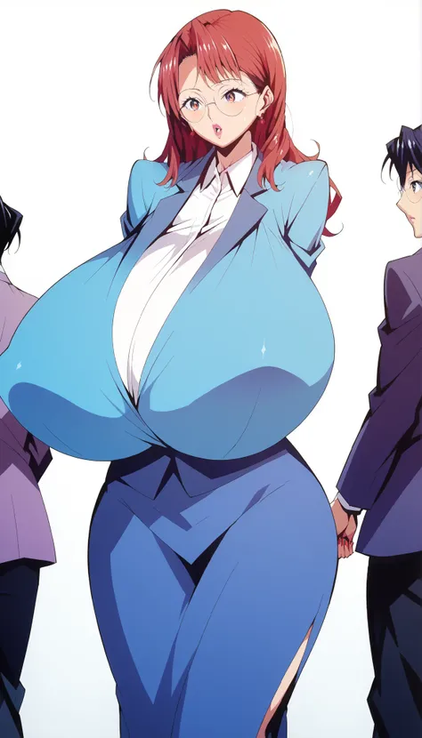 Mature woman, japanese woman with tanish skin tone, high cheekbones, middle-parted bob, sleek long hair, auburn hair, bangs, round glasses, big lips, glossy pink lips, tall, curvaceous, wide hips, massive breasts, huge ass, business suit with open cleavage...