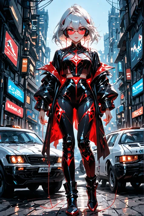 ((Young white-haired woman , medium height , very accented and charismatic face ,((full body)) eyes color blue thin eyebrows ,pele macia , with very striking neon red glasses , a woman's body has a spectacular shape it seems that it was designed , pernas ,...