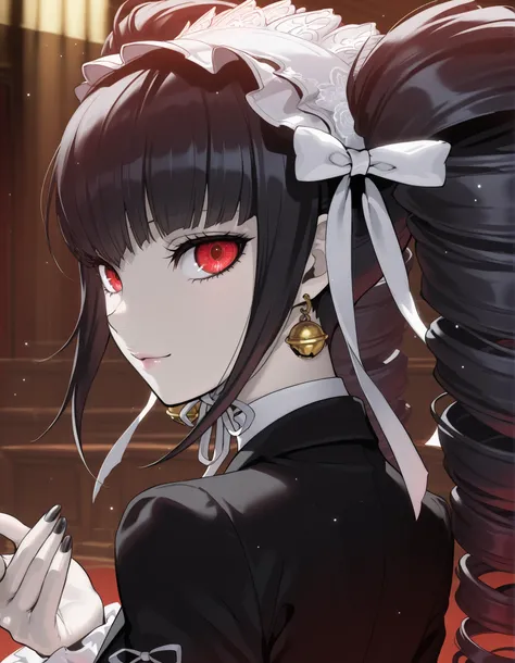 anime screencap, masterpiece, best quality, amazing quality, very aesthetic, absurdres, newest, (scenery, volumetric lighting), celestia ludenberg, 1girl, solo, long hair, looking at viewer, smile, bangs, simple background, black hair, red eyes, twintails,...