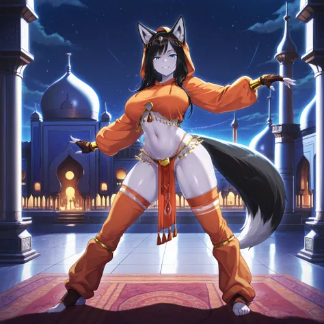  1girl, solo, fox ears, fox tail, black hair, long hair, beautiful face, blue eyes, pale skin, oppai, navel, baggy hoodie, (thigh socks, with stripe, toeless socks), fitness thong, pelvic curtain, (long leg warmers, oversized leg warmers), fighter gloves, ...