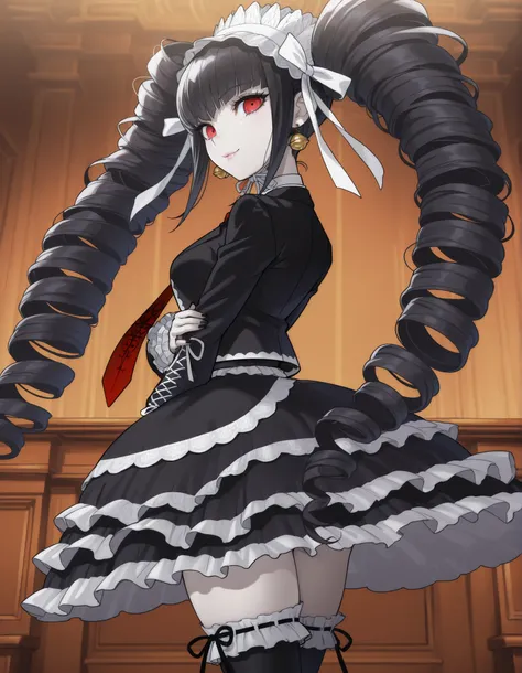 anime screencap, masterpiece, best quality, amazing quality, very aesthetic, absurdres, newest, celestia ludenberg, 1girl, solo, long hair, smile, lips, bangs, white shirt, black hair, red eyes, long sleeves, twintails, standing, looking back, bell earring...