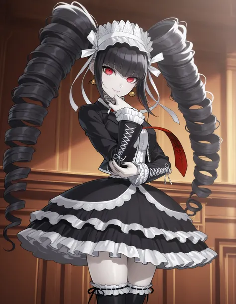 anime screencap, masterpiece, best quality, amazing quality, very aesthetic, absurdres, newest, celestia ludenberg, 1girl, solo, long hair, smile, lips, bangs, white shirt, black hair, red eyes, long sleeves, twintails, standing, looking back, bell earring...