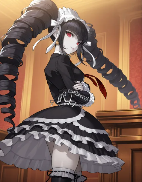 anime screencap, masterpiece, best quality, amazing quality, very aesthetic, absurdres, newest, celestia ludenberg, 1girl, solo, long hair, smile, lips, bangs, white shirt, black hair, red eyes, long sleeves, twintails, standing, looking back, bell earring...