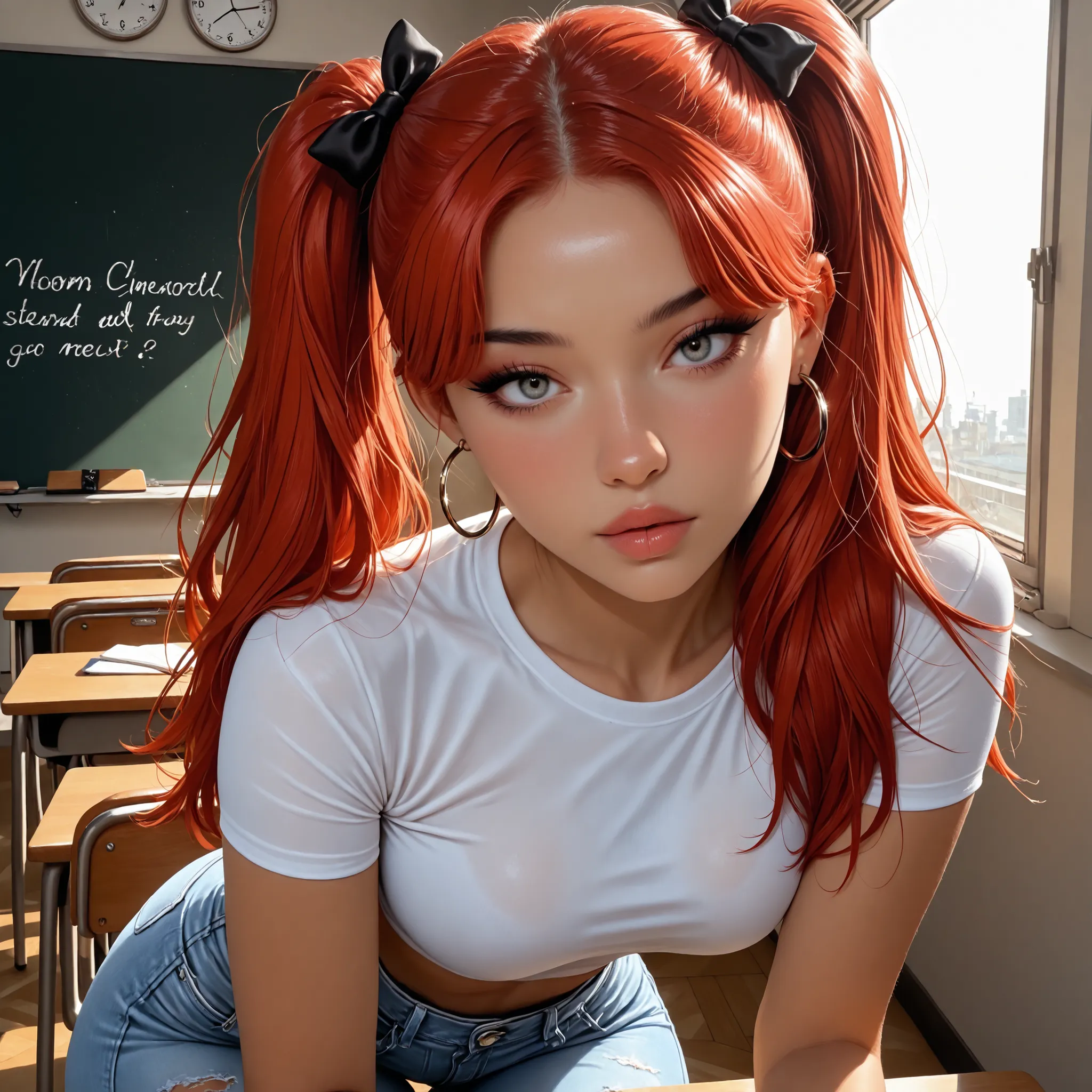 1girl, Solo, black nails, heavy eyeliner, tight t shirt, tight ripped jeans, thong straps, High Resolution, looking at viewer, Bangs, Hair Bow, Masterpiece, High Resolution, Anatomically Correct, Detail, High Details, High Quality, medium round breasts, Ho...