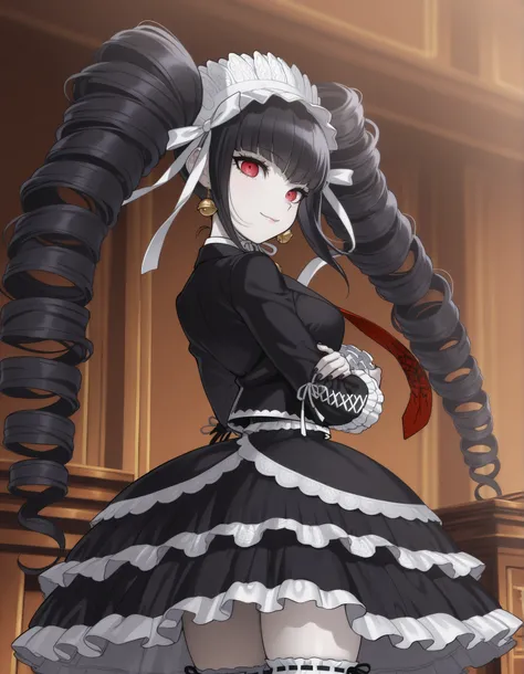 anime screencap, masterpiece, best quality, amazing quality, very aesthetic, absurdres, newest, celestia ludenberg, 1girl, solo, long hair, smile, lips, bangs, white shirt, black hair, red eyes, long sleeves, twintails, standing, looking back, bell earring...