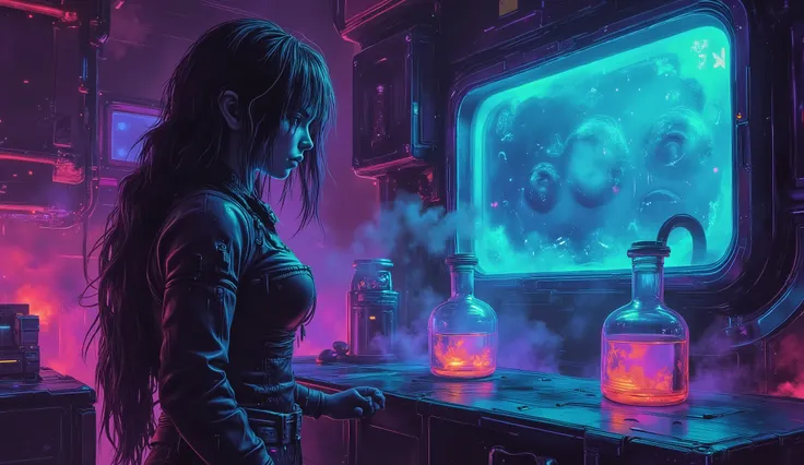 Cyberpunk anime character, alchemist in neon-lit lab, creating potions, surrounded by holographic tech, neon green and pink accents, futuristic lab with high-tech equipment, glowing bottles, dark and moody atmosphere, glowing screens, vibrant neon colors, ...