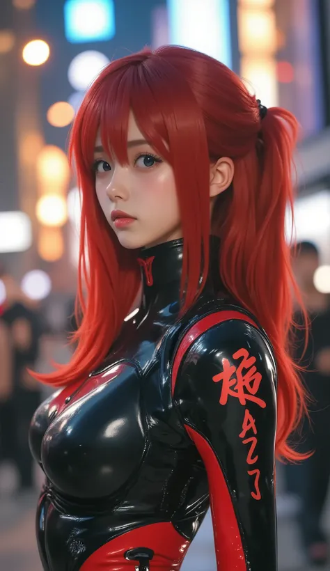 Street fashion in 3025, ((Evangelion, Asuka Langley)),1 girl,solo,,Cowboy Shots, ,,, score_9,score_8_up,score_7_up,,8k,1 girl to improve Sa,solo, erotic, big breasts, nipples