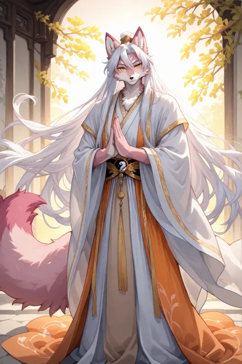 A beautiful kitsune male(white and pink fur, yellow eyes, very long hair, furry tail), furry art, style picture of a man , handsome anime pose, soft lighting, flowing purple and orange robes, flowing hair and long robes, white haired deity, wearing a flowi...