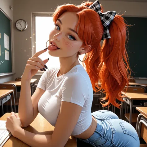 1girl, Solo, black nails, cute freckles, seductive smile, heavy eyeliner, tight t shirt, tight short jean shorts, facing away, view from side, High Resolution, looking at viewer, Bangs, plaid Hair Bow, Masterpiece, High Resolution, Anatomically Correct, De...