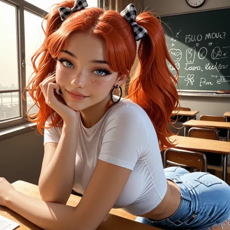 1girl, Solo, black nails, cute freckles, seductive smile, heavy eyeliner, tight t shirt, tight short jean shorts, facing away, view from side, High Resolution, looking at viewer, Bangs, plaid Hair Bow, Masterpiece, High Resolution, Anatomically Correct, De...