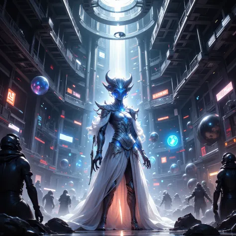 Ultra-wide, brightly lit interior shot capturing the intricate architecture of a massive interstellar diplomatic station located at a galactic crossroads, bustling with dozens of diverse, original alien species. Focus on an elegant, tall diplomat from a cr...