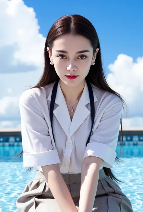 (best qualtiy, 8K, tmasterpiece:1.3)), A pretty maiden,Pure,Melon seed face,gentle and cute,A sweet smile,Pure desire,Thin stature,(frontage),(Tilt your head),staring right into camera,uniform, Obi, formal,Black silky long, Straight hair,Long hair flowing ...