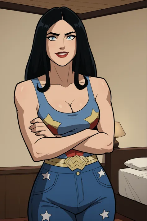 safe_pos, score_9, score_8_up, score_7_up, score_6_up, BREAK, solo, 1girl, wonderwoman, long hair, black hair, blue eyes, large breasts, cleavage, curvy, athletic, smile, happy expression, looking at viewer, wide hips, lipstick, makeup, standing, arms cros...