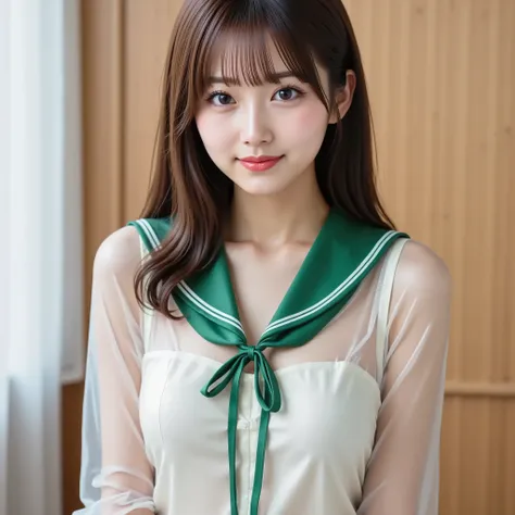 very detailed with bubbles, 美しいlikeい日本人トップアイドル女性, super realistic, with her body very detailed with bubbles, visible from above the knee, Ultra Clear Focus, soft bangs in the center of the frame, BREAK,
Shiny latex sailor suit、(((transparent green latex sa...