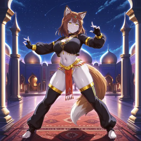  1girl, solo, fox ears, fox tail, brown hair, medium hair, beautiful face, yellow eyes, pale skin, oppai, navel, baggy sweatshirt, (thigh socks, with stripe, toeless socks), fitness thong, pelvic curtain, (black long leg warmers, oversized leg warmers), fi...