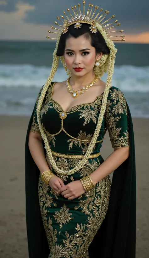 shot with Nikon D70, indonesian lady 18 years old, brown skin, pale face, wear traditional crown, natural, no make up, detailed on face, visible breastline, wear velvet green kebaya, very tight dress. wear dark green long shawl shoulder, tight velvet javan...