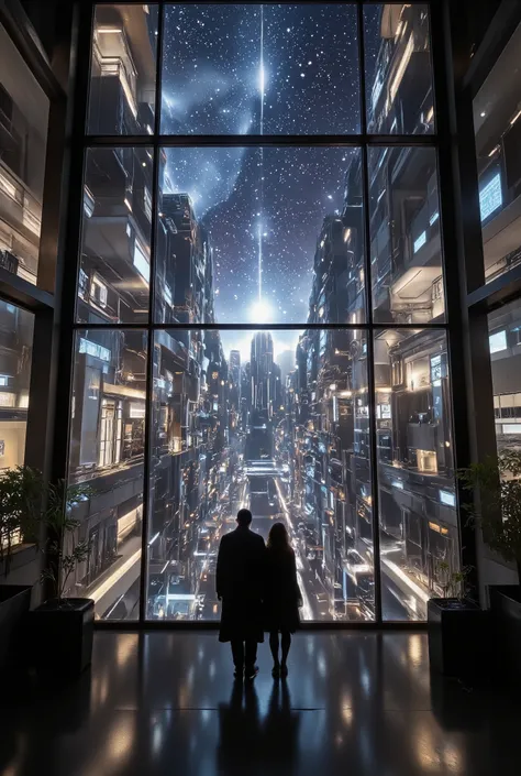 A very extremely large, modern, futuristic alien city with large windows in high orbit floating around among the stars with a beautiful couple living there.