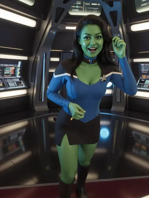 Sexy photography, beautiful pinup model with green skin and green hair as a starfleet officer wearing a sexy revealing blue TLD uniform with black shoulders, on the starship enterprise, Startrek badge, stockings, garter, sexy leather boots, choker, sexy dy...