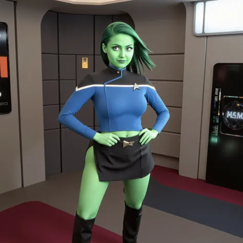 Sci-fi Pinup, ultra high definition photograph, green-skinned woman, beautiful pinup model with green skin and green hair as a starfleet officer wearing a sexy blue TLD uniform with black shoulders, on the starship enterprise, Startrek badge, garter, sexy ...