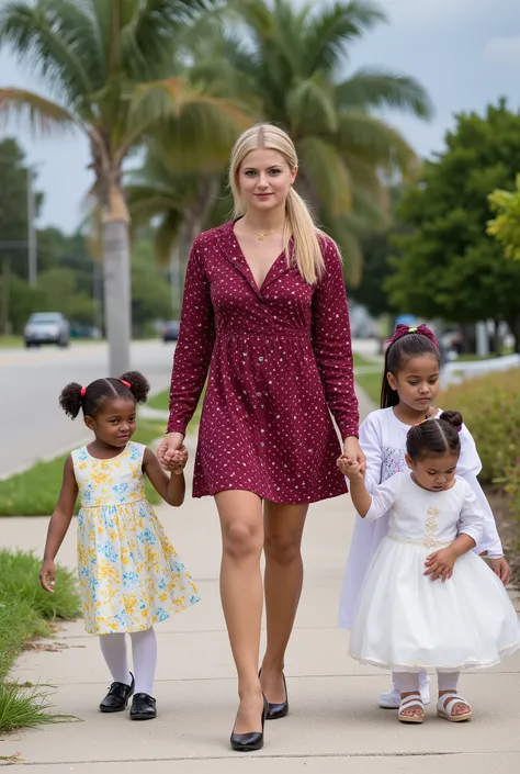 beautiful sexy little 25-year, small, petite, girl, thin, long blonde hair with pink streak, blue eyeshadow , bright big blue eyes, nice bottom, nice bottom, big red lips, bow holds hair in ponytail, dressed like a church lady , conservative button fron...
