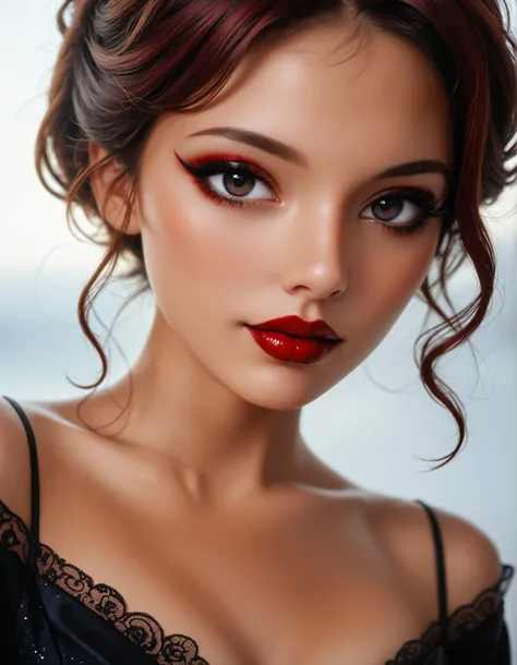 score_9, score_8_ up, score_7_ up, ( by Nomi:1.4), 1 girl,
¾ view ,
headshot ,
22-year-old woman, beautiful, sweet,
burgundy lipstick, mascara, eyeliner, Dark Eye Shadow ,
Cinematic Stills , High Precision, super detailed, photo by Nomi,
fo...