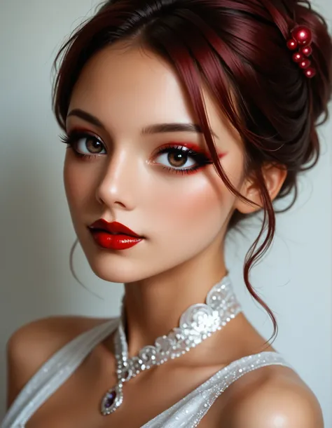 score_9, score_8_ up, score_7_ up, ( by Nomi:1.4), 1 girl, ¾ view , headshot , 22-year-old woman, beautiful, sweet, burgundy lipstick, mascara, eyeliner, Dark Eye Shadow , Cinematic Stills , High Precision, super detailed, photo by Nomi, for...