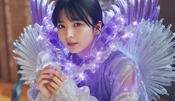 Award-Winning Art, is in the spotlight on ArtStation, Masterpiece Digital Art, the purple radiant wings of a beautiful angel , its body is filled with crystal formations of pure virtual energy,  Dressed in 、emitting a faint purple glow .