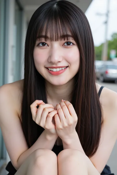 A high resolution photograph of a young Japanese woman viewed from the front. straight very long glossy black hair with blunt bangs, flawless porcelain-white skin, shiny skin, detailed beautiful skin, detailed face, delicate facial features, detailed eyes,...