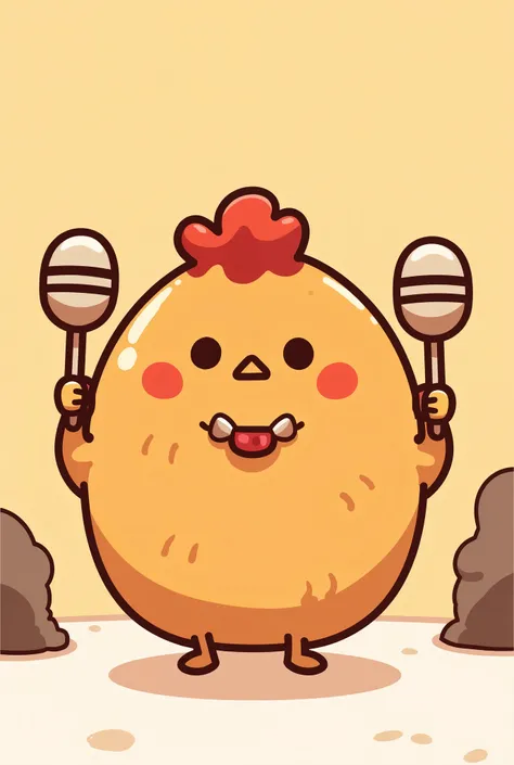 (masterpiece:1.2, very good quality in a beautiful secluded area ,Mirror-like, cinematic experience , best illustrations, very well detailed),8k16k,wallpaper,(SPICY FRIED CHICKEN),(round fried chicken shaped mascot character holding maraca-shaped fried...