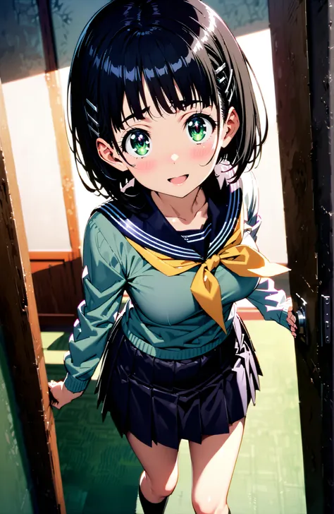  Kirigaya Naoha , short hair, black hair, hair ornament, hair clip, green eyes,smile,blush,and open the mouth,
school uniform, skirt for ears, pleated skirt for ears, sailor collar, black skirt for ears, Sailor Suit, long sleeve, neckerchief, (gray sweater...