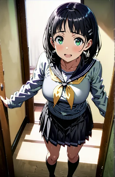  Kirigaya Naoha , short hair, black hair, hair ornament, hair clip, green eyes,smile,blush,and open the mouth,
school uniform, skirt for ears, pleated skirt for ears, sailor collar, black skirt for ears, Sailor Suit, long sleeve, neckerchief, (gray sweater...