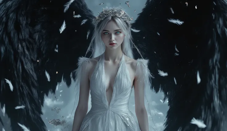 girl, Fallen Angel,  black wings, ((big wings covering the body:1.5)),faded white and black hair, very long white dress ,emerald blue eyes, pale skin,((falling feathers falling from the sky)),high resolution, masterpiece, accurate, anatomically correct, Aw...