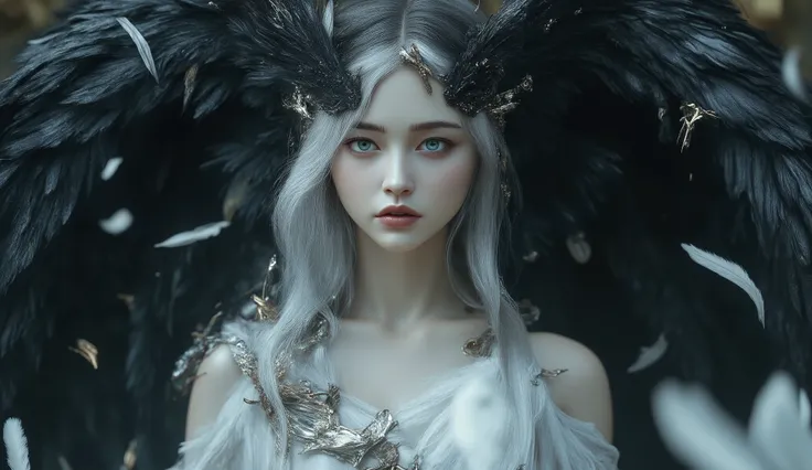 girl, Fallen Angel, black wings, ((big wings covering the body:1.5)),faded white and black hair, very long white dress ,emerald blue eyes, pale skin,((falling feathers falling from the sky)),high resolution, masterpiece, accurate, anatomically correct, Aw...