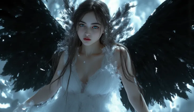 girl, Fallen Angel,  black wings, ((big wings covering the body:1.5)),faded white and black hair, very long white dress ,emerald blue eyes, pale skin,((falling feathers falling from the sky)),high resolution, masterpiece, accurate, anatomically correct, Aw...