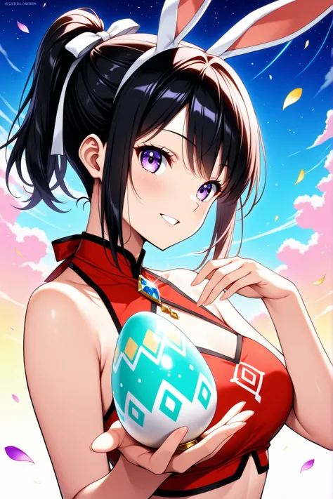 (masterpiece),(absurdres),(ultra detailed),solo lady,(23-year-old),black hair,purple eyes,(short ponytail:0.8, highponytail),bangs:1.1,(1white ribbon:1.1),(small-breast:0.7),upperbody shot,(happy easter concept:1.3,2025 easter,hand on egg,diamond on egg、wh...