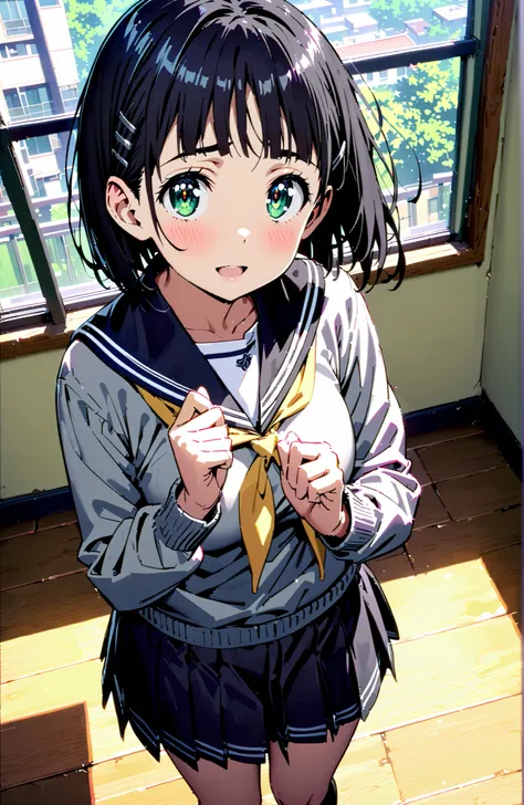 Kirigaya Naoha , short hair, black hair, hair ornament, hair clip, green eyes,smile,blush,and open the mouth,
school uniform, skirt for ears, pleated skirt for ears, sailor collar, black skirt for ears, Sailor Suit, long sleeve, neckerchief, (gray sweater...
