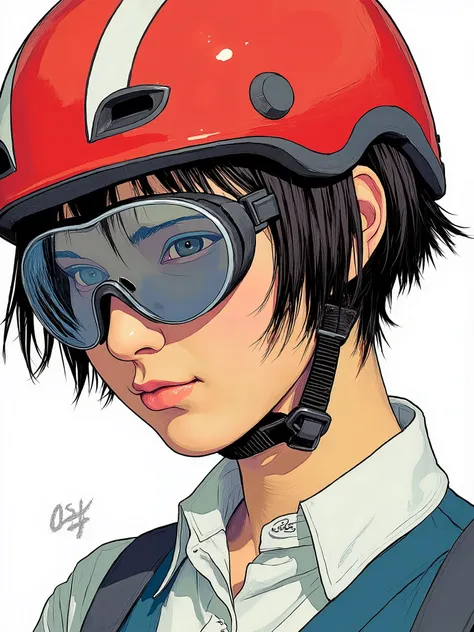 Close up of a person Wear a helmet, Sato Junpei   , ピクシブ,  graffiti , Shintaro Kago,  Wear a helmet, FLCL cover,  city girl fan art ,  wear a helmet ,  anime style illustration, helmet instead of head,   Profile　short hair, FLCL,   digital manga art  