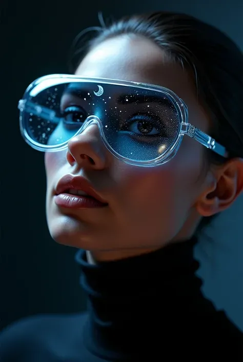 Model wearing glass sunglasses，There are stars and moon on the lens