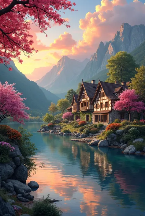 , a small riverside village,The background is mountains,Flowers bloom,vibrant with colors,Detailed scenery,Beautiful natural landscape,Ambiance Lighting,Scorching sunset,a warm color palette,utility,utility摄影,Delicate leaves,Complex architecture , cobblest...