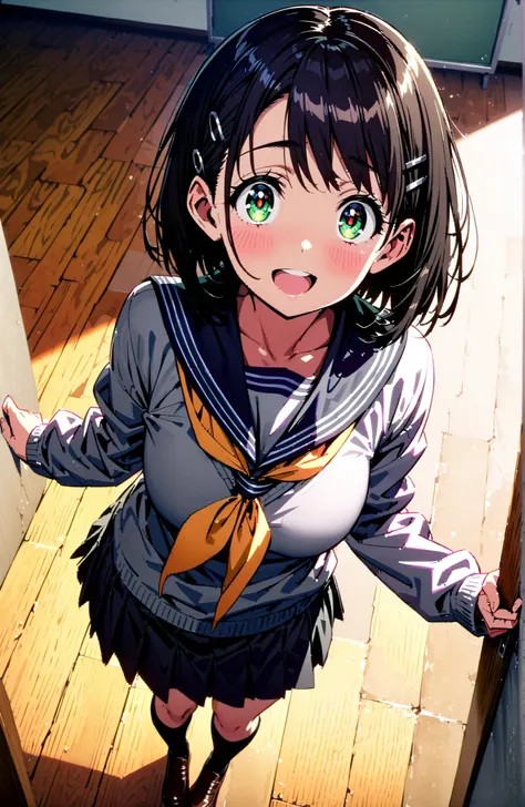  Kirigaya Naoha , solo,short hair, black hair, hair ornament, hair clip, green eyes,smile,blush,and open the mouth,
school uniform, skirt for ears, pleated skirt for ears, sailor collar, black skirt for ears, Sailor Suit, long sleeve, neckerchief, (gray sw...