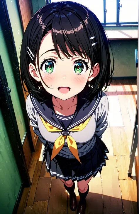  Kirigaya Naoha , solo,short hair, black hair, hair ornament, hair clip, green eyes,smile,blush,and open the mouth,
school uniform, skirt for ears, pleated skirt for ears, sailor collar, black skirt for ears, Sailor Suit, long sleeve, neckerchief, (gray sw...