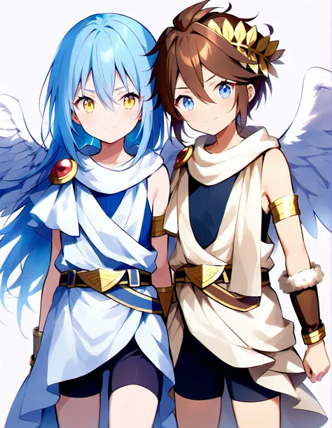 (((Highest Quality))), two character standing beside each other, 2characters, 2boys, BREAK smile, rimuru_tempest, blue hair, yellow eyes, long hair, bangs, hair between eyes, androgynous, fur trim, blue clothes BREAK smile, pitt, brown hair, blue eyes, win...